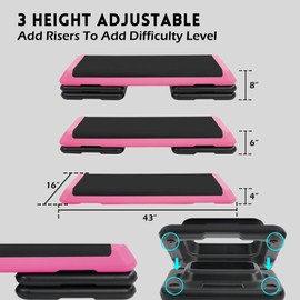 Fitvids Step Aerobic Stepper with 4 Stackable Risers, 43'' Aerobic Platform Adjustable Height 4"-6''-8'', Fitness Training Workout Stepper for Home Gym, Cardio Strength, Black and Pink