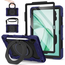ROISKIN Case for Honor Pad X8a 11 Inch 2024 with HD Screen Protector & Shoulder Strap & Pencil Holder,Heavy Duty Shockproof Military Honor Pad X8a Case,Rotating Stand Case for Kids,Navy Blue