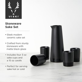 Viski Harrison Sake Gift Set, Pitcher and Tumbler set for Sake, Japanese Style Sake Stoneware, Four 3 oz cups and 15 oz Carafe, Set of 5, Matte Black