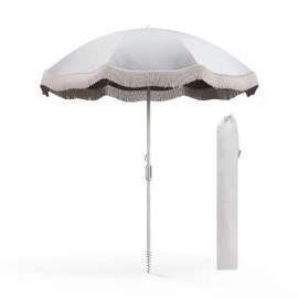 6.5 FT Outdoor Tassel Beach Umbrella with Push Button Tilt & Fringe Premium Beach EquipmentColor: White Color
