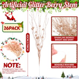 Palonu 26Pcs Rose Gold Artificial Glitter Berry Stems 17 Inch Fake Berry Branches Picks Decorative Glitter Sticks Twigs Christmas Tree Ornaments for DIY Xmas Wreath Vase Holiday Home Décor