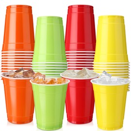 SiliFine 48 Pcs 12 oz Fall Party Cups, Autumn Plastic Disposable Cup Bulk Assorted Neon Beverage Containers for Thanksgiving Birthday Wedding Party Drinking