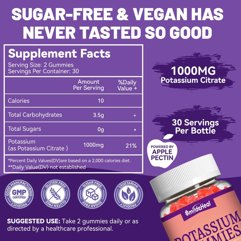 Potassium Gummies,Chewable Potassium Supplement 1000mg for Adults, Support Leg Cramps