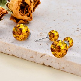 Amber Ball Earring Silver Double Sided Amber Stud Earrings Gift for Women, Sterling Silver, Amber