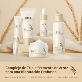 Kit Cuidado Facial BeauBase Arroz Radiante 5 Piezas Limpiador Tónico Suero Crema Ojos Humectante Set de Regalo Mujer Niñas Piel Suave Radiante Luminos