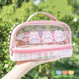 Pencil Case for Girls, Cute Bunny Pencil Case Kawaii Aesthetic Cute Pencil Case Bag Double Layer Waterproof Transparent Kawaii Pencil Case Pink Cosmetic Bag with Handle