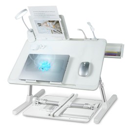 iXTRA Laptop Lap Desk with Cooling Fan - Adjustable with Light, USB, Storage Drawer - Folding Bed Desk,22.04"*12.59",White