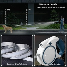 5M Correa Retráctil para Perro,Correa Retráctil para Perros con 2 Rolls Bolsas de Basura y Dispensador de Bolsas,Freno con Una Sola Mano,para Perros de hasta 50KG (Rosa)