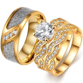 ringheart Couple Rings Matching Ring 1.5ct CZ Gold Plated Women Wedding Ring Sets for Him and Her His Her Ring Sets, Metal crystal rhinestone stone, Cubic Zirconia