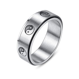 LAFATINA 8 mm Yin and Yang Fidget Spinner Rings Men Women Stainless Steel Taichi Balance Mantra Black Rings, Metal, No Gemstone