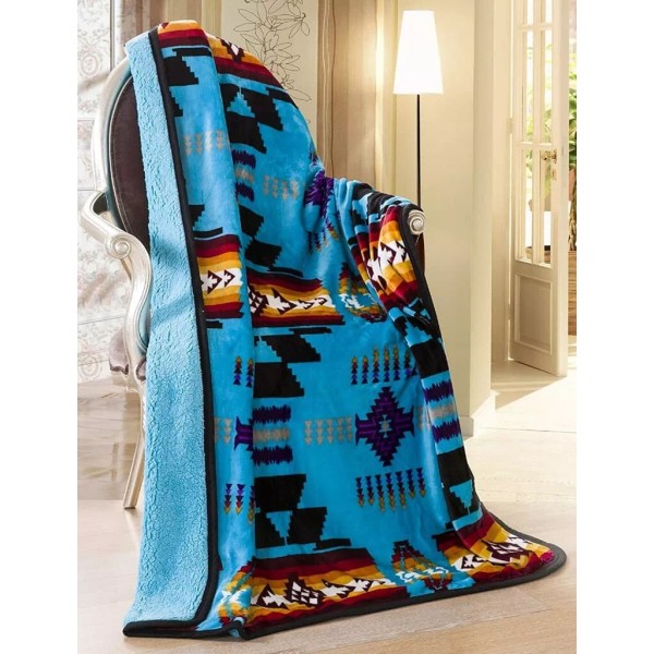 Southwestern Aztec Sherpa Borrego Fleece Throw Blanket - Turquoise