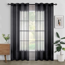 Woaboy Voile Curtains, Transparent Living Room with Eyelets, Eyelet Curtains, Bedroom Curtains, Loop Curtains, Modern, Set of 2, 140 x 215 cm (W x H), Black