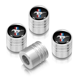 iPick Image for Ford Mustang Tri-Bar Black on Silver Aluminum Cylinder-Style Tire Valve Stem Caps