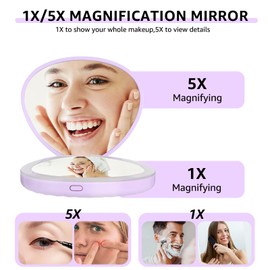 OMUCIAS Compact Pocket Mirror,1X/5X Magnifying Seashell Travel LED Makeup Mirror, Double-Sided, Portable Purse Mirror for Women Girls (Purple)