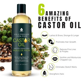 Aceite de Ricino (16 oz) - Prensado en Frío, 100% Puro, sin Hexano - Hidratante y Curativo para Piel y Cabello Secos, Estimula el Crecimiento del Cabello y Pestañas - Para Cuidado de la Piel y el Cabello