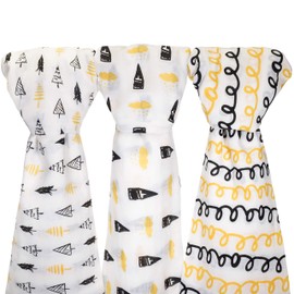 Muslin Baby Swaddle Blankets, 48x48 (3 Pack) Black, Gold, Cloud, Tree, Loops …