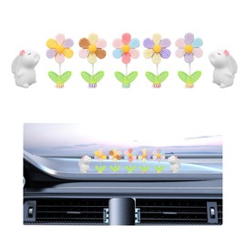 FSTURIOS 7PCS Cute Car Rearview Mirror Accessories, Funny Bunny Figurine Shaking Spring Flower Dashboard Decor, Bobblehead Flowers Charm Cute Resin Ornament for Car Home Office