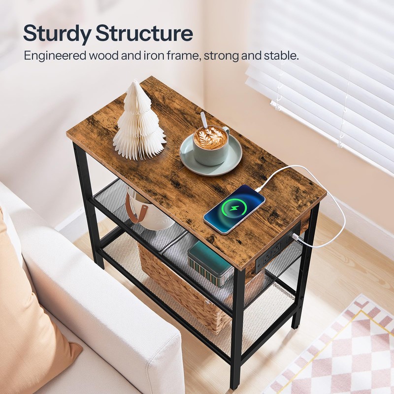 HOOBRO End Table, 3-Tier Narrow Side Table with Charging Station,