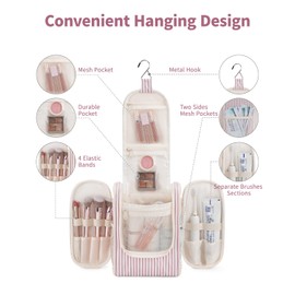Narwey Small Stripe Hanging Travel Toiletry Bag Cosmetic Make up Organizer for Women and Men (Medium,Dusty Rose Stripe)