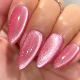 Press on Nails Medium Almond SWEKKE Pink Fake Nails False Nails with Designs Shimmer Full Cover Solid Colour Glossy Glue on Nails Stick on Nails for Women Girls 24 Pcs