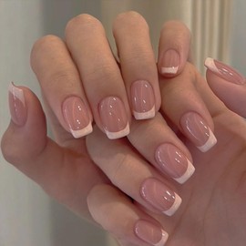 French Manicure Press on Nails Short Square Fake Nails Pink & White Border Accent Designs Glossy Acrylic Artificial Nails Full Cover Kit for Women and Girls, 24Pcs
