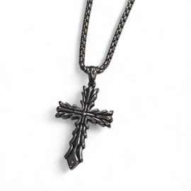 VATN APPAREL Gothic Vintage Cross Pendant Necklace Stainless Steel Unisex Silver Black Two-tone 27" inch Box Chain Chrome y2k Style (Leaf Cross)