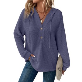 Doktoo Womens Tops Hoodies for Women Oversized Waffle Knit Drawstring Button V Neck Long Sleeve Shirts Casual Lightweight Sweatshirt Hooded Comfy Fall Fashion Outfits Clothes 2025 Wild Wind Large