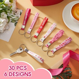 Kigeli 30 Pcs Galentine's Day Keychains Gifts Bulk Pink Heart Silicone Keychains Rubber Bracelet Wristlet Cute Valentine's Day Gifts for Women Girls Friends Galentines Party Favors Supplies