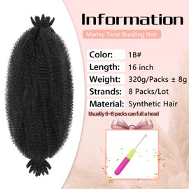 Springy Afro Twist Hair 8 Packs Marley Twist Braiding Hair 16 Inch Pre-Fluffed Spring Twist Hair For Soft Locs Afro Twist Hair For Women(1B#）