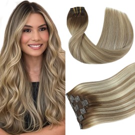 Youngsmile Real Human Hair Clip in Extensions Balayage Brown Fading to Ash Brown Highlight with Medium Blonde 120g 7pcs 20inch Invisible Natural Human Hair Extensions Clip in(#3/8/22-20inch)
