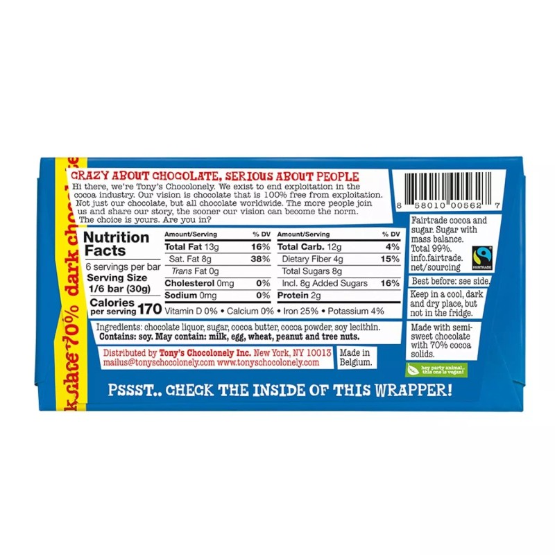 Tony`S Chocolonely Extra Dark Chocolate Bar 6.35 Oz