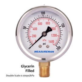 MEASUREMAN 2-1/2inch Dial Size, Liquid Filled Pressure Gauge, 0-200psi/kpa, 304 Stainless Steel Case, 1/4 inchNPT Lower Mount