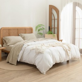 BESTOUCH Sheet Set 100% Washed Cotton Linen Feel Super Soft Comfortable Chic Lightweight 3 Pcs Home Bedding Set Solid Almond Milk Grey Twin