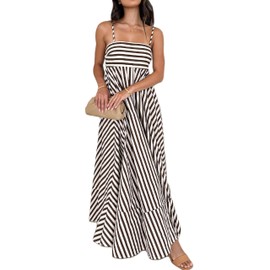KMBANGI Women Striped Sleeveless Maxi Dress Swing Cutout Midi Dress Backless Smocked Spaghetti Strap Boho Flowy Long Sundress(Brown Stripes,L)
