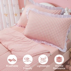Aimuan Zipper Bedding Twin Zip Up Bedding Set Pink Checked Plaid 3 Pcs Zippered Bedding Twin Comforter Bed in a Bag with Fitted Sheet and 2 Pcs Pillowcases (Pink,Twin)
