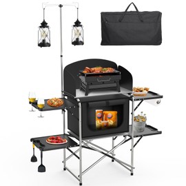JOUYEK Camping Table, Camping Kitchen Table, Folding Camping Table with Storage Bag, Upgrade Light Stand & Windshield Cooking Station, for BBQ, Picnic, Cooking