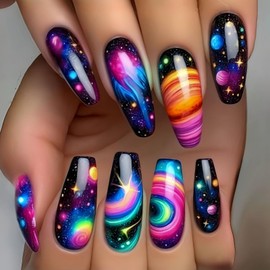 Black Press on Nails Medium Coffin Fake Nails Starlit Sky Stick on Nails Colorful Glue on Nails Glossy Full Cover Acrylic False Nails Cute Artificial Nails Reusable Nails Kit for Women Girl 24Pcs