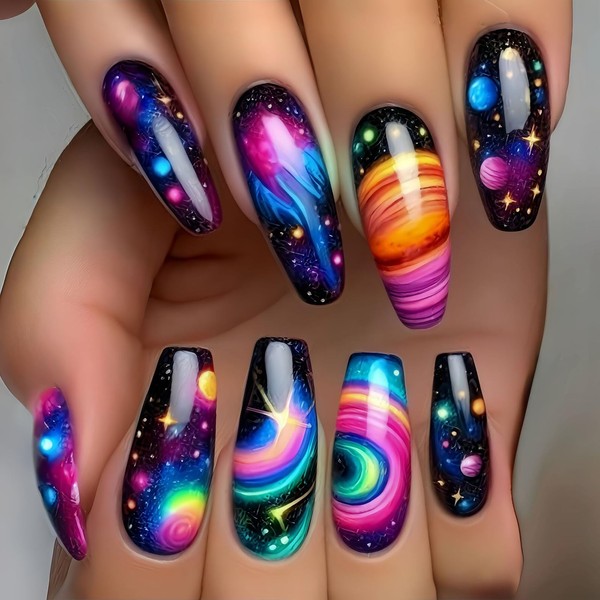 Black Press on Nails Medium Coffin Fake Nails Starlit Sky