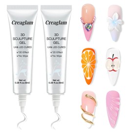 Creaglam 3D Nail Gel Art: 2pcs Sculpting Gel Nail Glue for Carving Patterns Decoration - Chrome Nail Powder and DIY Nail Charms - 4 in 1 Clear No Wipe Gel Nail Polish Rhinestone Nail Art Glue