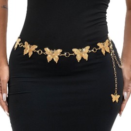 ELABEST Butterfly Belt Rhinestone-Metal-Turquoise Gold Silver Carving Butterfly Chunky Waist Chain Belt Adjustable Accessories for Women Dress Jeans(D Gold)