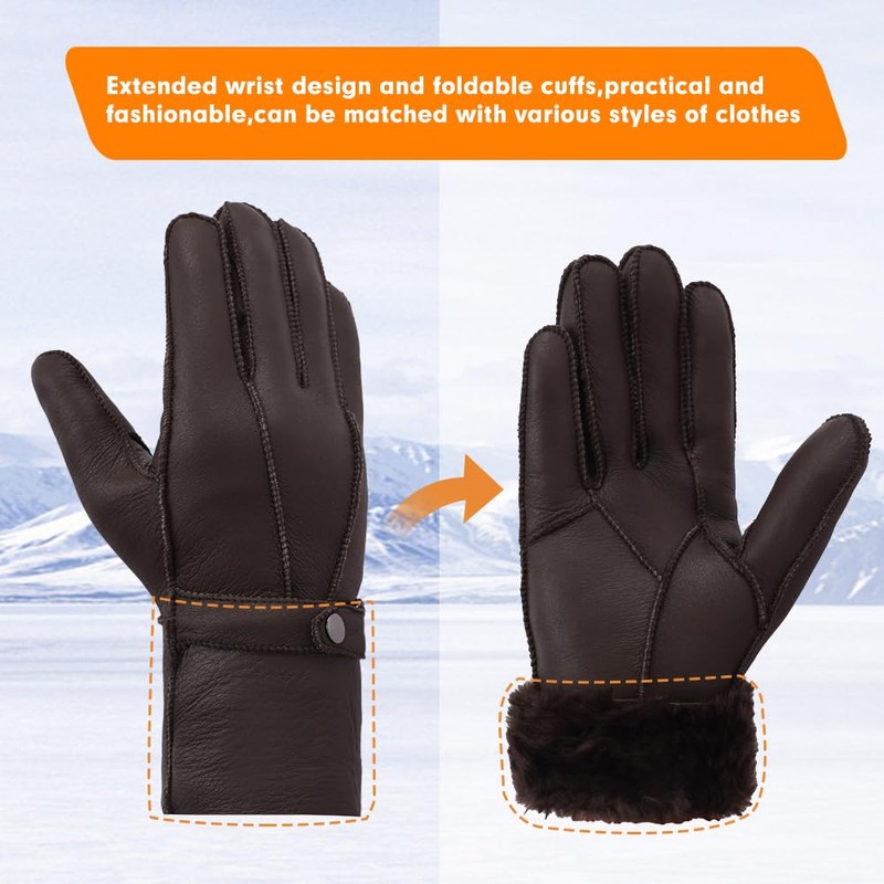 Men Shearling Gloves Winter Leather Gloves Shearling Sheepskin Gloves with