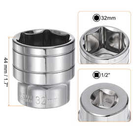 sourcing map 6-Point Socket 1/2" Drive 32mm Metric 1.7" Length 45# Steel Shallow Sockets Full Polishing Short Chrome Sockets for Car Repair Mechanical Maintenance Home Use
