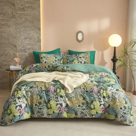 EAVD Tropical Leaves Duvet Cover Queen Soft Cotton Chic Plant Green Leaf Pattern Bedding Set with 2 Pillowcases Fresh Botanical Leaves Comforter Cover with Zipper Closure