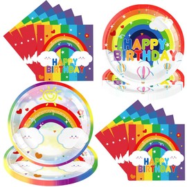 Rainbow Theme Party Plates Napkins 60pcs Rainbow Birthday Party Tableware Set for Kids Birthday Baby Shower Party Decorations, for 20 Guests (White)