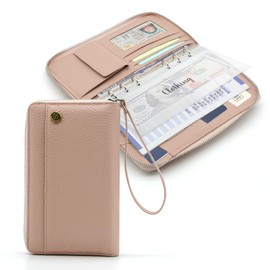 VLKAVIVA A6 Binder Cash Envelope System Wallet, Money Saving Budget Planner Notebook, 6 Rings Refillable Compact Cash Stuffing Binder, RFID Zipper Planner with Genuine Leather Cover