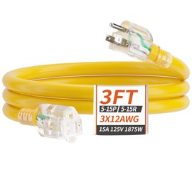 PlugSaf 3ft 12/3 Gauge Outdoor Extension Cord Waterproof with Lighted Indicator, 12 Gauge Heavy Duty 15Amp 1875W, 3 Prong Cords Flexible Copper Yellow ETL Listed