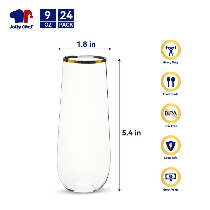 JOLLY CHEF 24 Pack Stemless Plastic Champagne Flutes Disposable 9