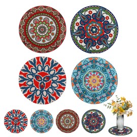 8 Pcs Boho Plant Pot Mat Plant Saucers for Indoors 2 Size 8.66" 4.72" Rubber Coaster Floor Protectors for Potted Plants Absorbent Non Slip Round Pad Gardening Indoor Outdoor Flower Protector Light