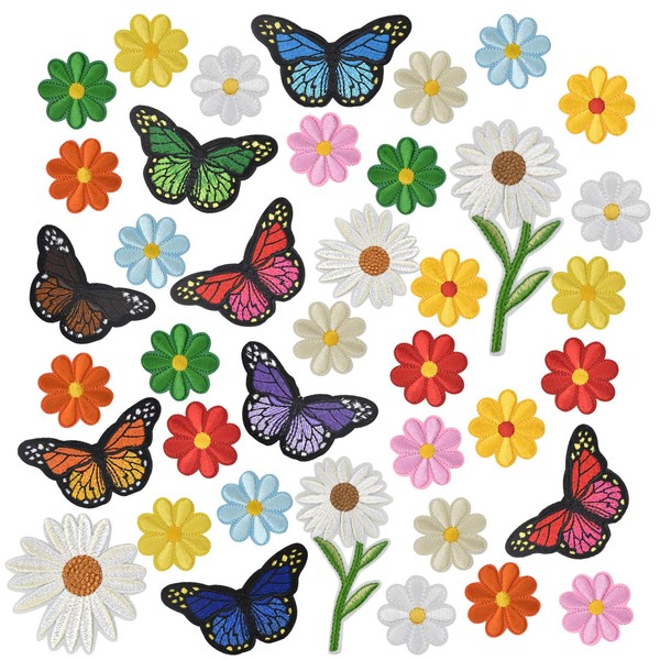 Fangehong Pack of 39 Flowers Butterflies Iron-On Patches, Appliqué Patches for Iron-On Sew-On Decoration Patch Stickers, Embroidered Patch Stickers for Clothes, Jeans, Jackets, Bag