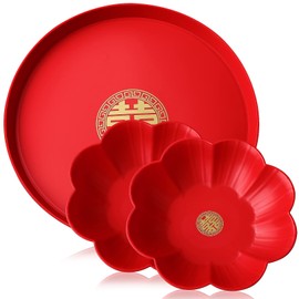 Alipis Red Round Tray Chinese Style Wedding Snack Trays, Flower Shape Candy Plate Tea Coffee Serving Trays Dried Fruit Platters, 3Pcs